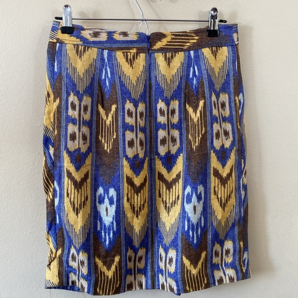 Tory Burch Jemima Ikat Gold Metallic Tulip Skirt Body Con Pencil 8 Yellow Blue - Picture 3 of 5